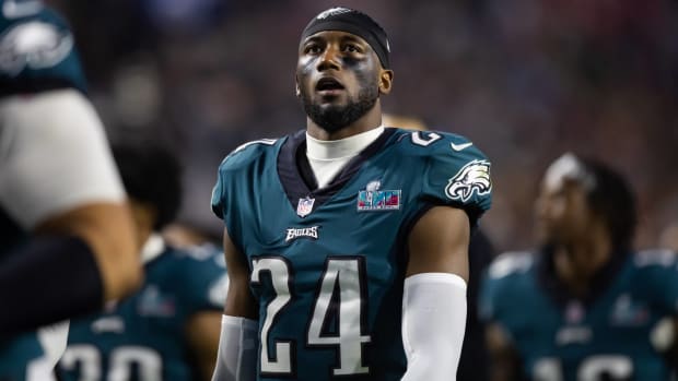 Eagles cornerback James Bradberry walks off the field after losing the Super Bowl vs. the Chiefs.
